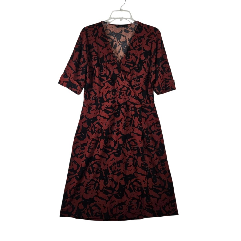 Apt 9 Mock Wrap Dress Womens Large Brick Red Black Floral Short Sleeve Knit